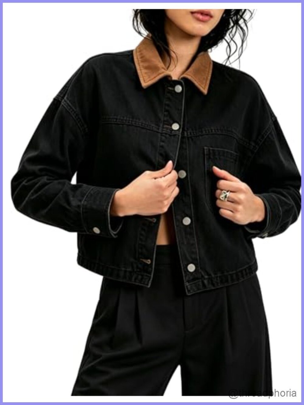Cropped Oversized Denim Jacket Color Block Collar Trucker Coat